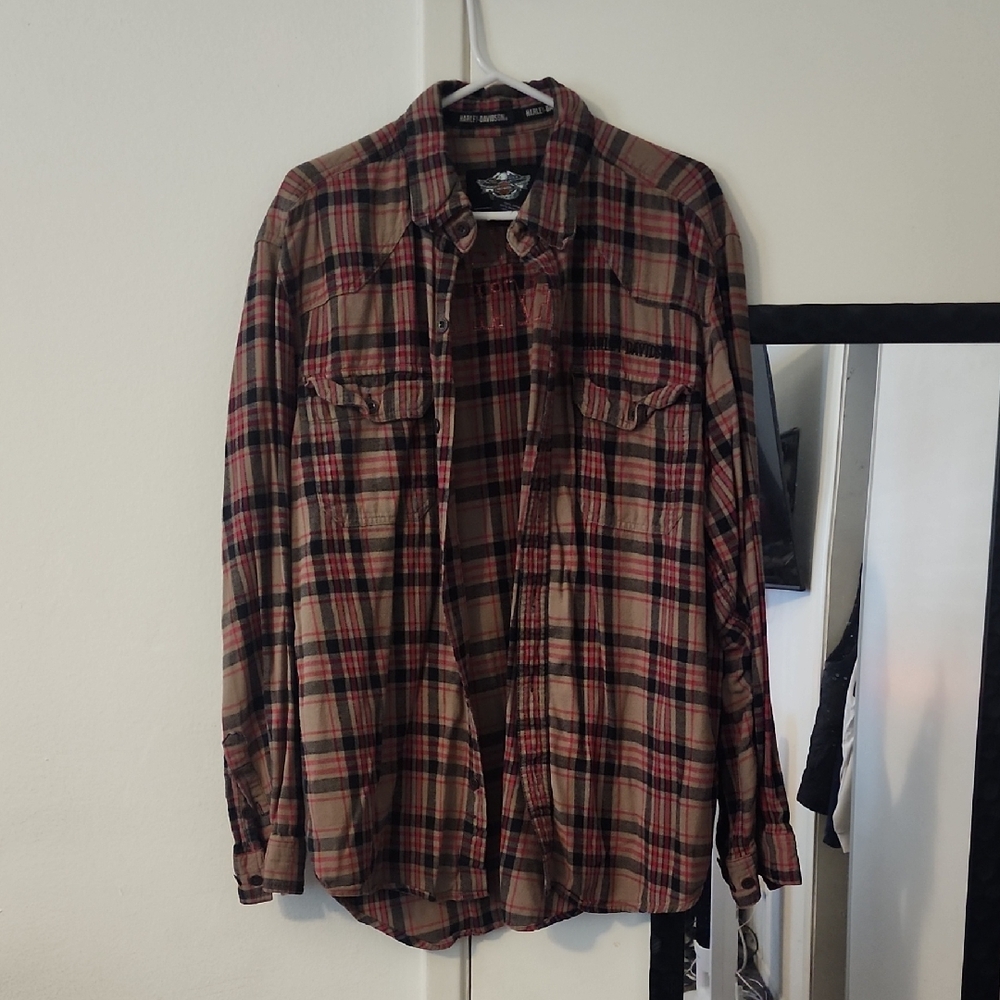 Harley-Davidson Red and Tan Indie Sleeze Grunge Plaid Shirt - Picture 1 of 6